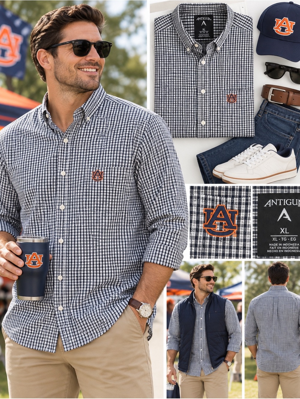 Antigua Men's Navy and White Gingham Button-Down with Auburn Logo